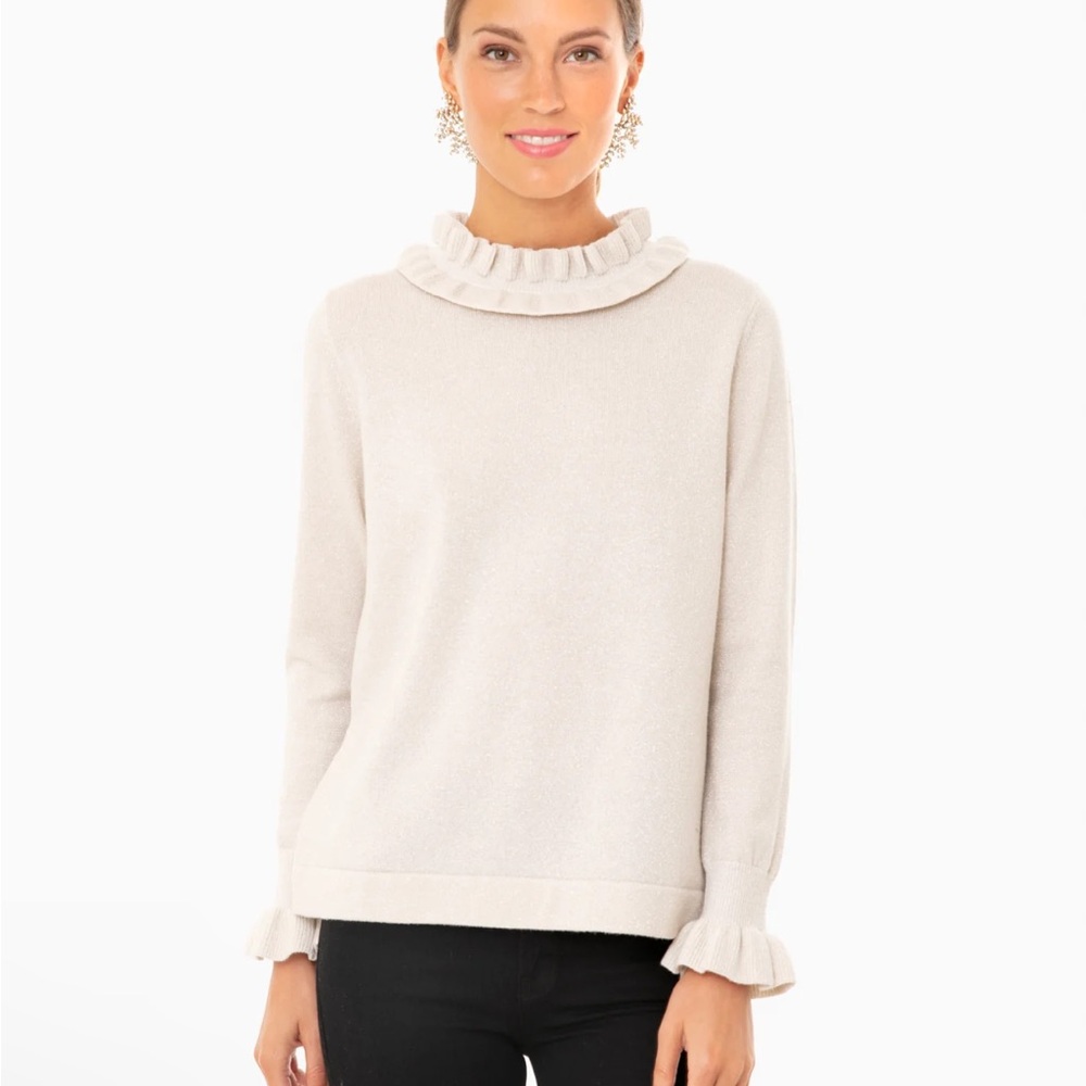 TUCKERNUCK Ivory Shimmer Edie Ruffle Sweater Cashmere Wool XS - Picture 2 of 10